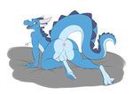  2015 all_fours anthro anus backsack balls blue_body blue_scales brown_eyes butt digitigrade dragon fangs halbean horn inviting looking_at_viewer looking_back male open_mouth penis raised_tail rear_view scalie smile solo spines thick_tail wyvrn 