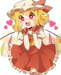  ascot blonde_hair blush bow doraemon_(artist) flandre_scarlet hands_on_own_face happy hat hat_bow heart heart-shaped_pupils red_eyes solo symbol-shaped_pupils touhou wings wrist_cuffs 