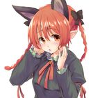  animal_ears blush bow braid cat_ears extra_ears fang hair_bow kaenbyou_rin lefthand long_hair looking_at_viewer nail_polish open_mouth pointy_ears red_eyes red_hair red_nails simple_background solo touhou twin_braids upper_body white_background 