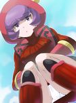  blue_sky boots boris_(noborhys) breasts covered_nipples day fake_horns from_below highres hood hoodie horned_headwear kagari_(pokemon) looking_at_viewer medium_breasts panties pantyshot pantyshot_(squatting) pokemon pokemon_(game) pokemon_oras purple_eyes purple_hair ribbed_sweater short_hair sky solo squatting sweater team_magma underwear uniform white_panties 