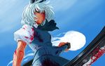  blood blood_on_face blood_splatter bloody_clothes dress green_dress green_eyes katana konpaku_youmu konpaku_youmu_(ghost) koyubi_(littlefinger1988) looking_down puffy_short_sleeves puffy_sleeves short_hair short_sleeves silver_hair solo sword touhou weapon 