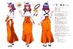  ahoge aqua_eyes bad_id bad_twitter_id breasts character_name character_profile character_sheet eyes from_behind gradient_hair highres japanese_clothes jinguu_shion large_breasts looking_at_viewer miko multicolored_hair multiple_views natsu_hotaru original purple_hair red_hair short_hair simple_background smile translation_request waving white_background 