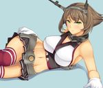  :/ arm_support bare_shoulders blue_background blush breasts brown_hair cleavage collar gloves green_eyes hai_ookami headgear kantai_collection large_breasts looking_at_viewer lying midriff miniskirt mutsu_(kantai_collection) navel on_side pleated_skirt red_legwear revision short_hair sideboob simple_background skirt solo striped striped_legwear thighhighs white_gloves yellow_eyes 