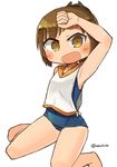  :d blush brown_eyes brown_hair covered_navel hand_on_own_head i-401_(kantai_collection) kantai_collection nanatsuta open_mouth ponytail sailor_collar school_swimsuit shirt sitting sleeveless sleeveless_shirt smile solo swimsuit swimsuit_under_clothes twitter_username wariza white_background 