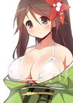  9law amagi_(kantai_collection) blush bra breasts brown_eyes brown_hair cleavage covered_nipples flower hair_flower hair_ornament japanese_clothes kantai_collection kimono large_breasts long_hair mole mole_under_eye nipples see-through simple_background solo underwear white_background white_bra 