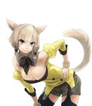  animal_ears bangs bare_shoulders bent_over black_legwear blue_eyes breasts cat_ears cat_tail cleavage detached_collar facial_mark final_fantasy final_fantasy_xiv fingernails garter_straps hair_ornament hair_tubes hand_on_hip hand_on_thigh heterochromia large_breasts lips long_fingernails looking_at_viewer md5_mismatch miqo'te pose potion_lilac red_eyes shorts simple_background smile solo tail thighhighs tsurime white_background white_hair wristband 