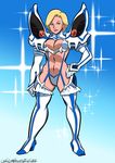  ariel_guadalupe blonde_hair blue_eyes boots breasts center_opening cleavage cleavage_cutout cosplay dc_comics full_body high_heel_boots high_heels highres junketsu kill_la_kill kiryuuin_satsuki kiryuuin_satsuki_(cosplay) large_breasts lips midriff navel power_girl revealing_clothes short_hair solo sparkle suspenders thigh_boots thighhighs 