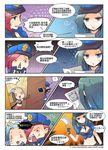  between_breasts blush breasts caitlyn_(league_of_legends) comic hat highres jinx_(league_of_legends) large_breasts league_of_legends long_hair midriff multiple_girls navel necktie necktie_between_breasts officer_vi pink_hair police police_uniform policewoman short_hair skirt stchi.wong translation_request uniform vi_(league_of_legends) 