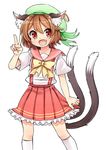  alternate_costume animal_ears bow brown_hair cat_ears cat_tail chen earrings fang green_hat hat ibaraki_natou jewelry kneehighs mob_cap multiple_tails nekomata open_mouth pleated_skirt pose red_eyes red_skirt short_hair short_sleeves simple_background single_earring skirt solo tail touhou v white_background white_legwear yellow_bow 
