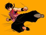  baggy_pants bracer braid chinese_clothes flats flying_kick full_body kicking male_focus okada_(hoooojicha) orange_background pants ranma_1/2 saotome_ranma single_braid sleeveless solo tangzhuang 