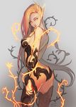  arched_back ass bare_shoulders boots breasts butt_crack finger_to_mouth flower league_of_legends long_hair looking_at_viewer medium_breasts orange_eyes orange_hair parted_lips racoona sideboob solo thigh_boots thighhighs wildfire_zyra zyra 