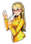  baymax big_hero_6 brown_hair daifuku eating food glasses green_eyes hairband highres holding holding_food honey_lemon long_hair mochi no_legs okada_(hoooojicha) pink-framed_eyewear semi-rimless_eyewear solo sweat turtleneck under-rim_eyewear upper_body wagashi 