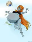  belly big_belly big_breasts breasts expansion female green_eyes grey_skin hair marazzan midna navel nintendo orange_hair pointy_ears the_legend_of_zelda twilight_princess under_boob video_games volleyball 