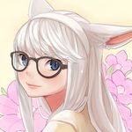  animal_ears bad_id bad_twitter_id blue_eyes blush cat_ears final_fantasy final_fantasy_xiv flower glasses hairband light_smile lips long_hair looking_at_viewer lowres miqo'te potion_lilac slit_pupils smile solo white_hair 