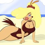  anthro avian beach beak big_breasts bird blonde_hair blue_eyes breasts clothed clothing davidsanchan ear_piercing female goldie_pheasant hair pheasant piercing pose rock-a-doodle seaside solo swimsuit water wet 