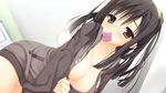  :&lt; black_hair blush breasts brown_eyes cleavage collarbone condom_wrapper game_cg hood hoodie large_breasts long_hair looking_at_viewer mouth_hold muririn ponytail sanoba_witch solo togakushi_touko unzipping zipper 