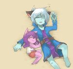  1girl animal_ears barefoot blue_hair blue_skin blush_stickers closed_eyes father_and_daughter hair_over_one_eye if_they_mated league_of_legends open_mouth purple_hair purple_skin scar sleeping smile veigar yan531 yordle 