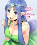  :d belt blue_eyes blue_hair blush breasts breath_of_death_vii:_the_beginning circlet cleavage dress english ghost_tail green_dress large_breasts long_hair looking_at_viewer naso4 open_mouth sara_(breath_of_death) simple_background smile solo star star-shaped_pupils symbol-shaped_pupils 
