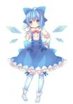  adapted_costume alternate_costume bad_id bad_twitter_id blue_eyes blue_hair blue_legwear blush bow cirno fairy frills full_body gloves hair_bow hair_ornament ice ice_wings kneehighs looking_at_viewer pjrmhm_coa puffy_sleeves ribbon shirt short_hair short_sleeves simple_background skirt smile solo teeth touhou white_background white_gloves wings 