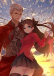  1girl absurdres archer ass blue_eyes brown_eyes brown_hair dark_skin dark_skinned_male fate/stay_night fate_(series) grey_hair highres impossible_clothes impossible_shirt nanahosiryuuki shirt sunset thighhighs two_side_up 