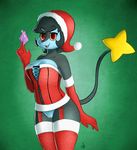  alexis_(character) anthro atherol black_fur black_hair blue_fur bow breasts bridal_gauntlets christmas clitoris clothing condom fur girdle hair hat holidays legwear lingerie looking_at_viewer luxray nintendo open_mouth pok&eacute;mon pussy red_eyes santa_hat stockings tongue video_games yellow_sclera 