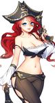  bare_shoulders blue_eyes breasts cleavage dual_wielding gun hat highres holding hsn4444 large_breasts league_of_legends light_smile long_hair looking_at_viewer midriff navel pirate_hat red_hair sarah_fortune solo wavy_hair weapon 