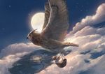  animal basket bird blurry brown_hair cloud depth_of_field facing_away flying full_moon moon night night_sky original oversized_animal owl sky solo star_(sky) you_shimizu 