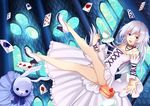  1girl cake card dress food high_heels highres long_hair pandora_hearts purple_eyes white_hair will_of_the_abyss 