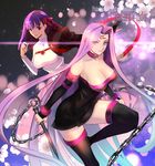  breasts chain cherry_blossoms dagger facial_mark fate/hollow_ataraxia fate/stay_night fate_(series) flower forehead_mark large_breasts long_hair matou_sakura multiple_girls nameless_dagger purple_eyes purple_hair rider thighhighs very_long_hair weapon weed_(astarone) 
