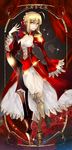  aestus_estus ahoge blonde_hair breasts dress epaulettes fate/extra fate_(series) greaves green_eyes medium_breasts nero_claudius_(fate) nero_claudius_(fate)_(all) red_dress solo sparkle sword weapon weed_(astarone) 