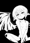 bat_wings covering covering_crotch embarrassed flat_chest greyscale head_tilt highres indian_style monochrome nipples nude pointy_ears remilia_scarlet short_hair sitting sonson_(eleven) touhou wings 