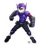  big_hero_6 black_hair full_body grin helmet hiro_hamada knee_pads male_focus okada_(hoooojicha) power_suit shoes shoulder_pads smile sneakers solo superhero vambraces white_background 