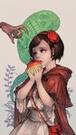  apple bag blue_eyes brown_hair food fruit hairband handbag hands highres holding holding_food holding_fruit looking_at_another open_mouth original racoona red_hood short_hair snow_white 