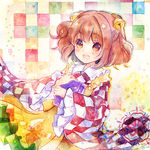  apron bell blush book checkered checkered_background checkered_shirt hair_bell hair_ornament japanese_clothes long_sleeves motoori_kosuzu open_mouth orange_eyes orange_hair shirt short_hair skirt smile solo torii_sumi touhou two_side_up wide_sleeves 