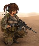  assault_rifle brown_hair camouflage collarbone desert fang finger_on_trigger gloves green_eyes gun hair_bobbles hair_ornament headset highres holding holding_gun holding_weapon horizon jpc knee_pads load_bearing_equipment looking_at_viewer m4_carbine military military_operator military_uniform one_knee open_mouth original ponytail pouch rifle sky sleeves_rolled_up soldier solo uniform war watch weapon 