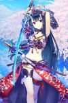  arm_up armor armpits ass_visible_through_thighs black_hair breasts chain_chronicle cleavage cleavage_cutout collar floral_print hair_ribbon holding holding_sword holding_weapon long_hair looking_at_viewer medium_breasts midriff navel oni oni_horns red_eyes revision ribbon senoo_aoi sheath single_thighhigh smile solo spiked_collar spikes standing sword thigh_gap thighhighs very_long_hair weapon 