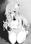  ahoge barefoot between_thighs blush breast_hold breasts covering covering_breasts fiore_(goran_no_yuusha_no_teikyou_de_ookuri_shimasu) full-face_blush goran_no_yuusha_no_teikyou_de_ookuri_shimasu greyscale hair_ornament highres large_breasts long_hair looking_at_viewer monochrome nose_blush novel_illustration nude official_art scan shirabi sitting solo tears torn_clothes 