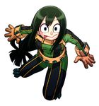  :&gt; :p asui_tsuyu black_eyes bodysuit boku_no_hero_academia brown_gloves chiba_toshirou covered_navel full_body gloves green_bodysuit green_hair hair_rings long_hair looking_at_viewer low-tied_long_hair simple_background solo tongue tongue_out white_background wide-eyed 