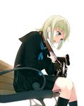  aqua_eyes bench black_serafuku blonde_hair camera open_mouth original sasamori_tomoe school_uniform serafuku sitting solo twin-lens_reflex_camera white_background 