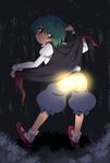  antennae ass blush cape cape_lift forest glowing green_eyes green_hair harusame_(unmei_no_ikasumi) juliet_sleeves long_sleeves looking_at_viewer looking_back nature night puffy_shorts puffy_sleeves shirt shorts solo touhou wriggle_nightbug 