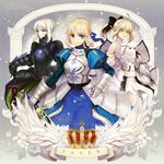  armor armored_dress artoria_pendragon_(all) blonde_hair column crown dark_excalibur dress engrish excalibur fate/stay_night fate/unlimited_codes fate_(series) flower green_eyes multiple_girls multiple_persona pillar ranguage saber saber_alter saber_lily weed_(astarone) wings yellow_eyes 