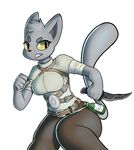  anthro atherol bandage belt bottle breasts feline female fur grey_fur khajiit knife mammal plain_background poison solo teeth the_elder_scrolls the_elder_scrolls_v:_skyrim video_games yellow_eyes 