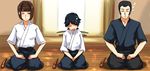  2girls admiral_(kantai_collection) black_hair bokken brown_hair closed_eyes hyuuga_(kantai_collection) kantai_collection kobamiso_(kobalt) mogami_(kantai_collection) multiple_girls on_floor one_eye_closed seiza short_hair sitting sleeping sweatdrop sword v_arms weapon wooden_sword zzz 