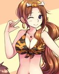  bikini blue_eyes bone breasts caveman cleavage earrings front-tie_top hair_ornament jewelry large_breasts long_hair navel necklace one_eye_closed original prehistoric prehistory side_ponytail smile suikakitsu_shiro swimsuit xia_you_qing 