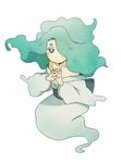  ayu_(mog) bare_shoulders enraenra_(youkai_watch) ghost_tail green_eyes green_hair hair_over_one_eye hands_clasped japanese_clothes kimono long_hair looking_at_viewer off_shoulder own_hands_together simple_background solo white_background youkai youkai_watch youkai_watch_2 