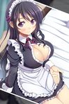  apron black_dress black_hair blush breasts cleavage dress juliet_sleeves large_breasts long_hair long_sleeves looking_at_viewer maid maid_headdress on_bed open_clothes open_door open_shirt original puffy_sleeves purple_eyes revision shiny shiny_skin shirt sitting smile solo tareme utsurogi_akira very_long_hair waist_apron 