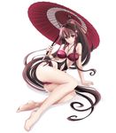  absurdly_long_hair breasts brown_eyes brown_hair cleavage hair_ornament kantai_collection kantai_collection_(anime) large_breasts long_hair omone_chou oriental_umbrella ponytail red_umbrella simple_background solo swimsuit umbrella very_long_hair yamato_(kantai_collection) 