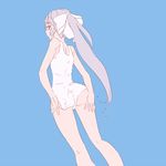  adjusting_clothes adjusting_swimsuit alternate_hairstyle ass blue_background bow from_behind hair_bow long_hair looking_back melty_blood mikeco oekaki one-piece_swimsuit ponytail red_eyes silver_hair solo swimsuit tsukihime white_len 
