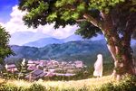  2014 bad_id bad_pixiv_id cloud day dress from_behind grass hill house icycrescent long_hair number original outdoors scenery solo standing tree village white_dress white_hair 