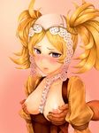  between_breasts blonde_hair blush breast_grab breasts fire_emblem fire_emblem:_kakusei frills grabbing grabbing_from_behind hair_ornament highres liz_(fire_emblem) long_hair nipple_tweak nipples pocari66 purple_eyes small_breasts solo_focus twintails 